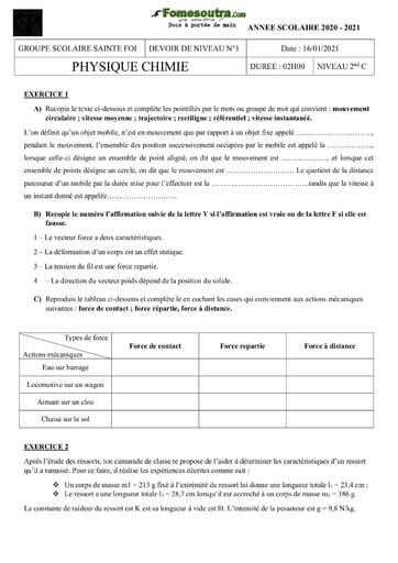 Devoir de Physique-Chimie niveau Terminale C - Groupe Scolaire Sainte Foi Abidjan