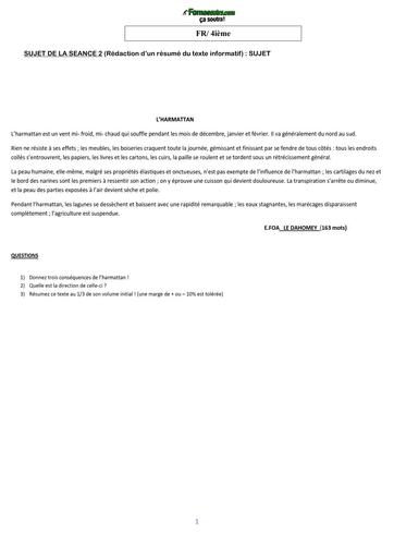 COURS DE VACANCES FR 4ième SUJET 2 (Rédaction d’un résumé du texte informatif) by TEHUA