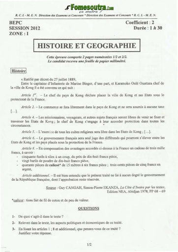 Sujet d'Histoire Geo BEPC 2012 Zone 1