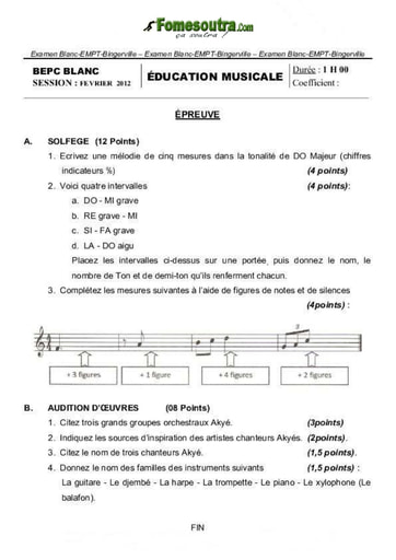 Sujet de Musique BEPC blanc 2012 EMPT Bingerville