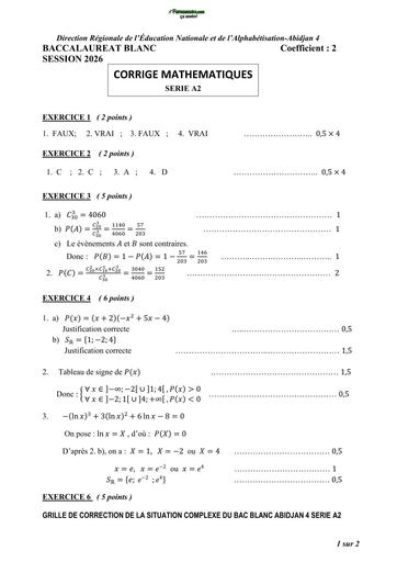 BAC BLANC MARS 2026 DRENA ABIDJAN 4 SUJET MATHS SERIE A1 B (BAREME) by TEHUA