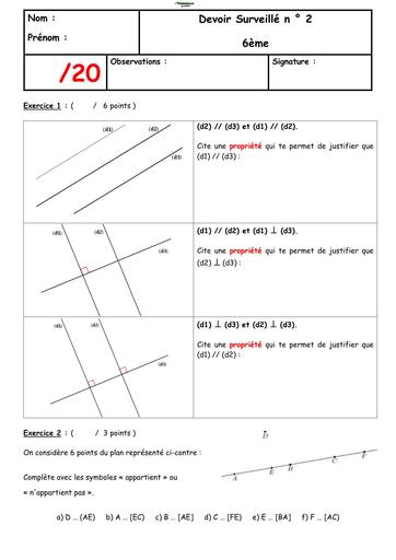 DEVOIR SURVEILLE 6ième MATHS DROITES PARALLELES by TEHUA