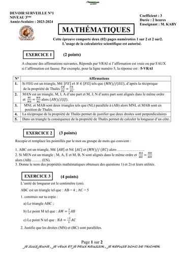 DEVOIR DE MATHS NIVEAU 3ieme N°1 propriété de Thalès by TEHUA