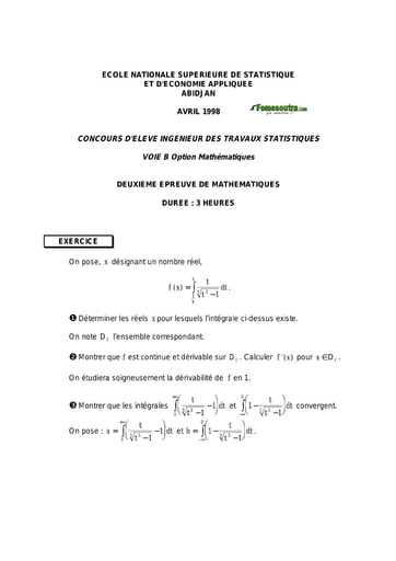 Sujet 2ème épreuve de maths ITS B option Maths 1998 (ENSEA)