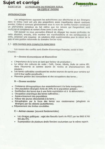 Sujet Corrigé de Dissertation: Les problèmes du foncier rural en Cote d'Ivoire