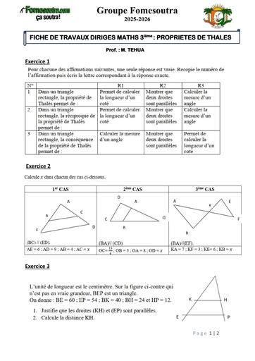 FICHE DE MATHS 3ième PROPRIETES DE THALES DANS LE TRIANGLE 2025 2026 by TEHUA