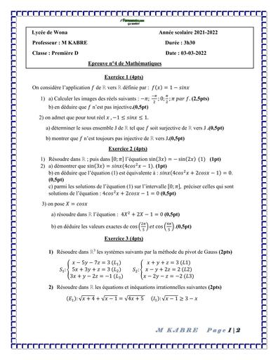 DEVOIR DE maths 4 NIVEAU 1ère D LYCEE DE WONA 2022 BY TEHUA