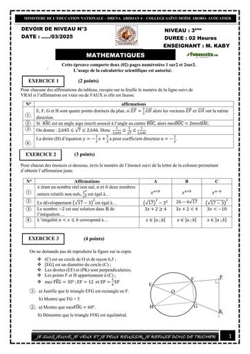Devoir Niveau MATHS 3ème (3ème trimestre) COLLEGE SAINTE MOISE ABOBO 2025 by TEHUA