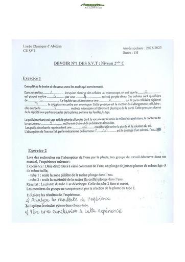 Sujets de SVT niveau Seconde C Lycée Classique Abidjan 2022-2023