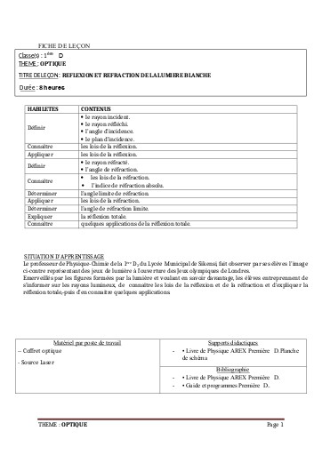 FICHE DE COURS PC1ière DL 11 REFLEXION ET REFRACTION OPTIQUE by TEHUA