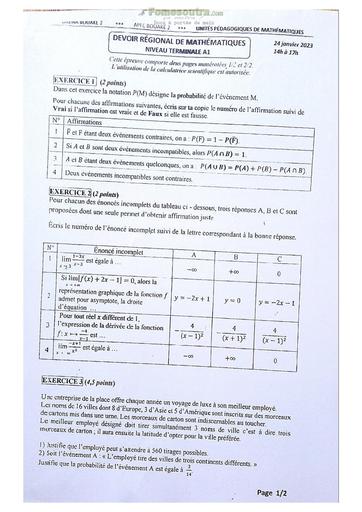 Sujet Prépas Mathématiques Lycée Classique Abidjan Terminale A 2023