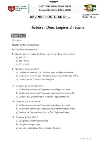 DEVOIR D'HISTOIRE N°1 6ième 5ième (empire Byzantins et empire carolingien) INSTITUT GIOVANNI BIFFI Octobre 2025 by TEHUA