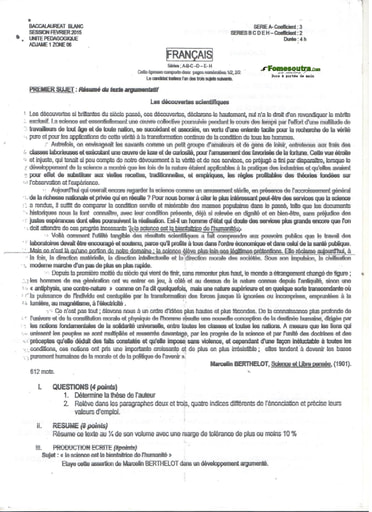 Sujet de Français BAC blanc 2015 series A-B-C-D-E-H - Unité Pédagogique Adjamé 1 zone 06