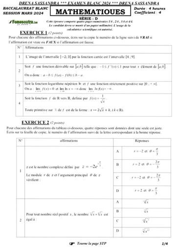 Bac blanc REGIONAL 2024 Maths série D sujet+barème dren Sassandra by Tehua