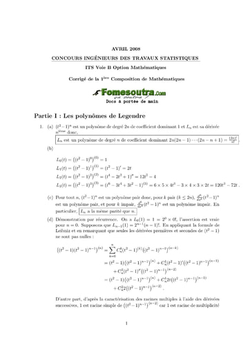 Corrigé 1ère épreuve de maths ITS B option Maths 2008 (ENSEA)