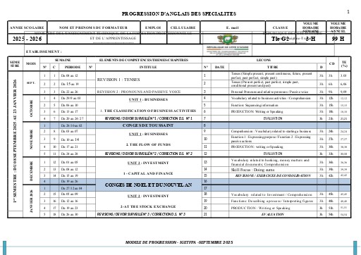 ANGLAIS  PROGRESS Tle G2 2025 2026
