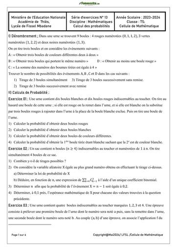 FICHE DE TD 13 MATHS SUR  PROBABILITE Tle S1 LFSL2024 BY TEHUA