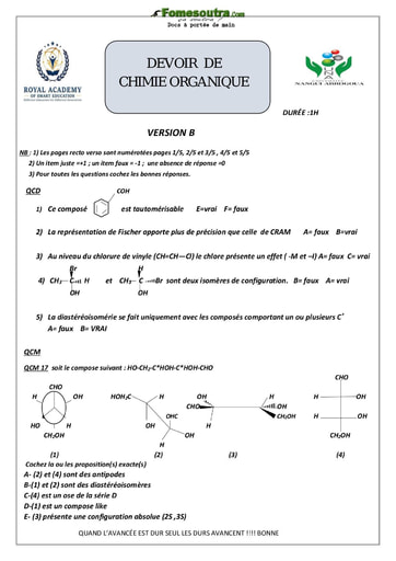 Sujet de Chimie Organique (2) - Tronc Commun - Université Nangui Abrogoua