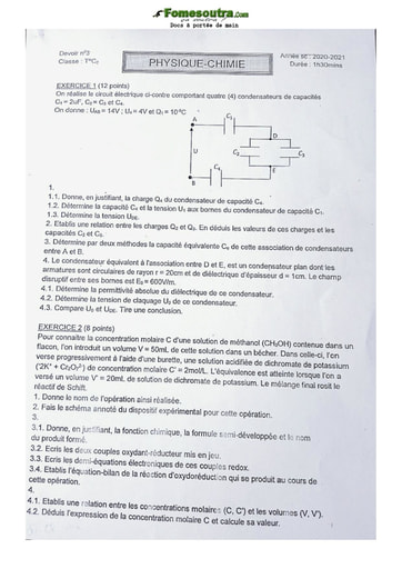 Devoir (4) de Physique-Chimie niveau Terminale C - Lycée Classique d'Abidjan