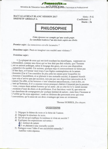 Sujet de Philosophie du BAC blanc F-G 2017 - DRENETP Abidjan 4