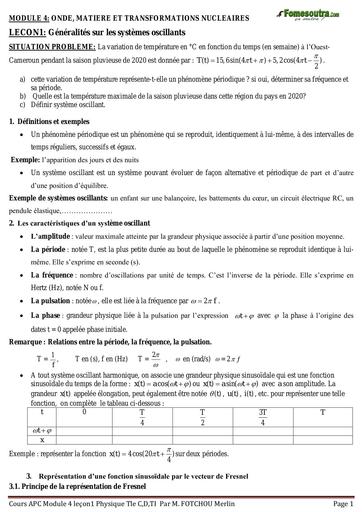 Cours Physique Tle C,D (Module 4 lecon 1 +TD)