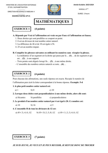 Partiel décembre 2023 Maths 6ième UP21 by Tehua