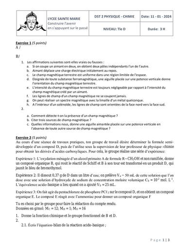 SUJET prepa bac 2024 PC LYCEE SAINTE MARIE by Tehua