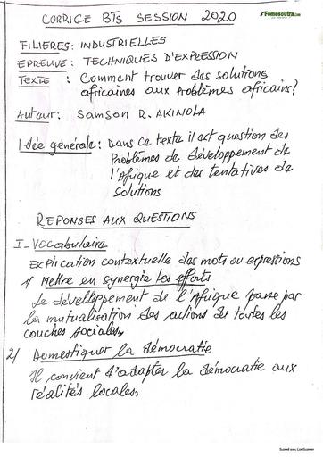 BTP BTS 2020 TECHNIQUES D'EXPPRESSIONS FRANCAISES SUJET+CORRIGE BY TEHUA