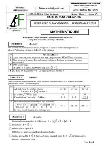 FICHE DE PREPA BEPC BLANC REGIONAL MATHS SESSION MARS 2025 by TEHUA