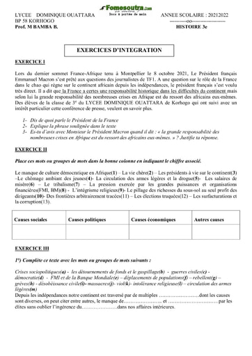 Exercices d’intégration d'Histoire portant sur les crises socio-politiques niveau 3eme - Lycée Dominique Ouattara Korhogo