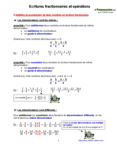 Ecritures fractionnaires et opérations - Cours de maths niveau 5eme