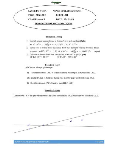 DEVOIR DE MATHS NIVEAU 4ième LYCEE DE WONA 2021 N°2 BY TEHUA