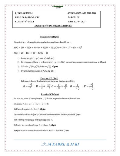 DEVOIR DE MATHS NIVEAU 4ième LYCEE DE WONA 2021 N°4 BY TEHUA