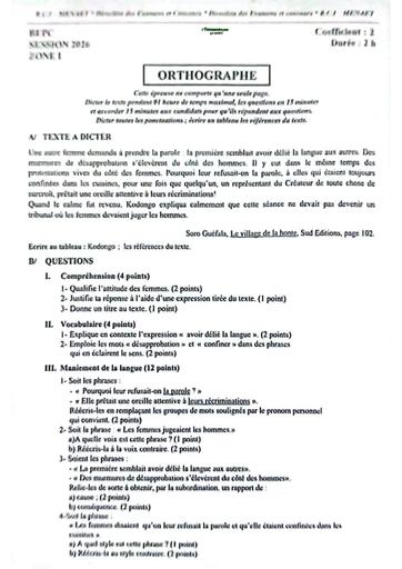 BEPC 2026 Orthographe zone 1 Sujet Côte d'Ivoire By TEHUA