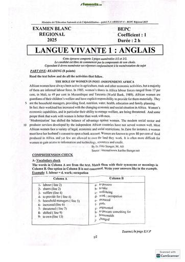 Bepc blanc régional 2025 dren Abidjan 4 LV1 ANGLAIS SUJET BY TEHUA