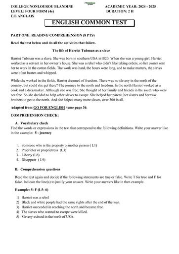ENGLISH TEST 4ième DEVOIR COMMUN THE LIFE OF HARRIET TUBMAN AS A SLAVE  by TEHUA pdf