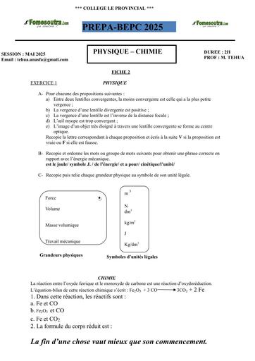PREPA BEPC 2025 FICHE 2 PC By TEHUA