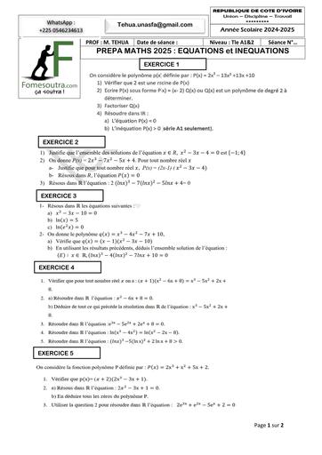 PREPA BAC 2025 MATHS SERIE A1&A1FICHE D'EQUATIONS ET INEQUATIONS  AVRIL 2025 BY TEHUA