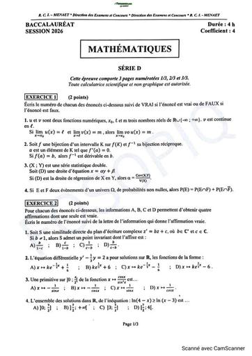 BAC 2026 Maths série D sujet+ barème Ci By TEHUA