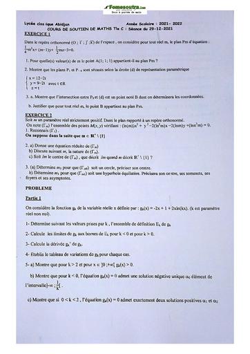 Devoir de Mathématique Terminale C Lycée Classique Abidjan 2021-2022