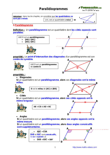 Parallélogrammes - Cours de maths niveau 5eme