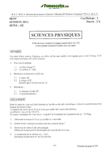 Sujet de Physique Chimie BEPC 2012 zone 3