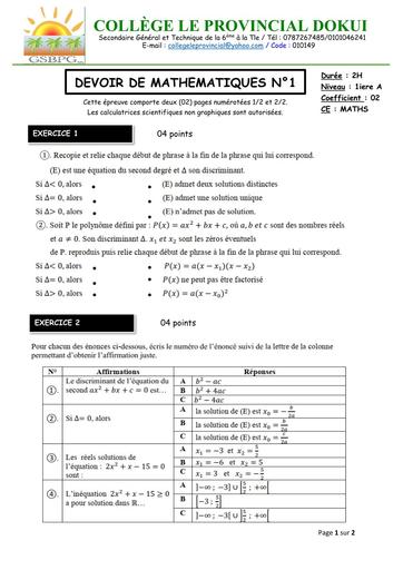 DEVOIR DE NIVEAU MATHS niveau 1ière A PROVINCIAL NOVEMBRE 2025 by TEHUA