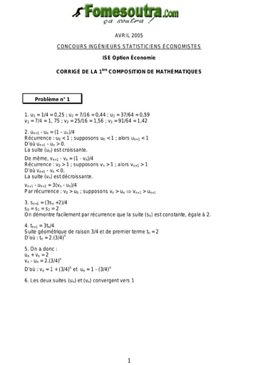 Corrigé 1ère épreuve de maths ISE option économie 2005 (ENSEA)