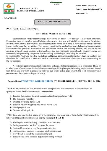 DEVOIR D'ANGLAIS NIVEAU 1ière JANUARY 2025 GS EL ITRATOU TAHIRA ABOBO by TEHUA