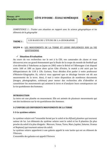 6ème G6 Les mouvements de la terre et leurs influences sur la vie quotidienne