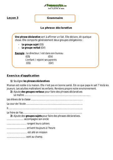 La phrase déclarative - Cours CM1