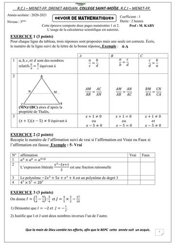DEVOIR DE MATHS NIVEAU 3ième 2023 CALCUL LITTERAL ET THALES SAINTE MOISE 2021 BY TEHUA
