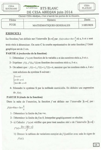 Sujet de Maths BTS blanc Filière FCGE - CESA Koumassi 2014