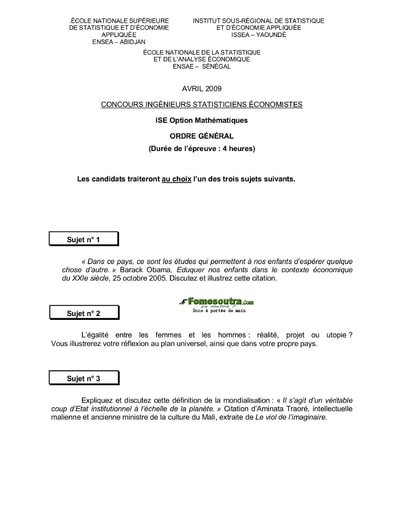 Sujet d'ordre générale ISE option maths 2009 (ENSEA - ISSEA - ENSAE)